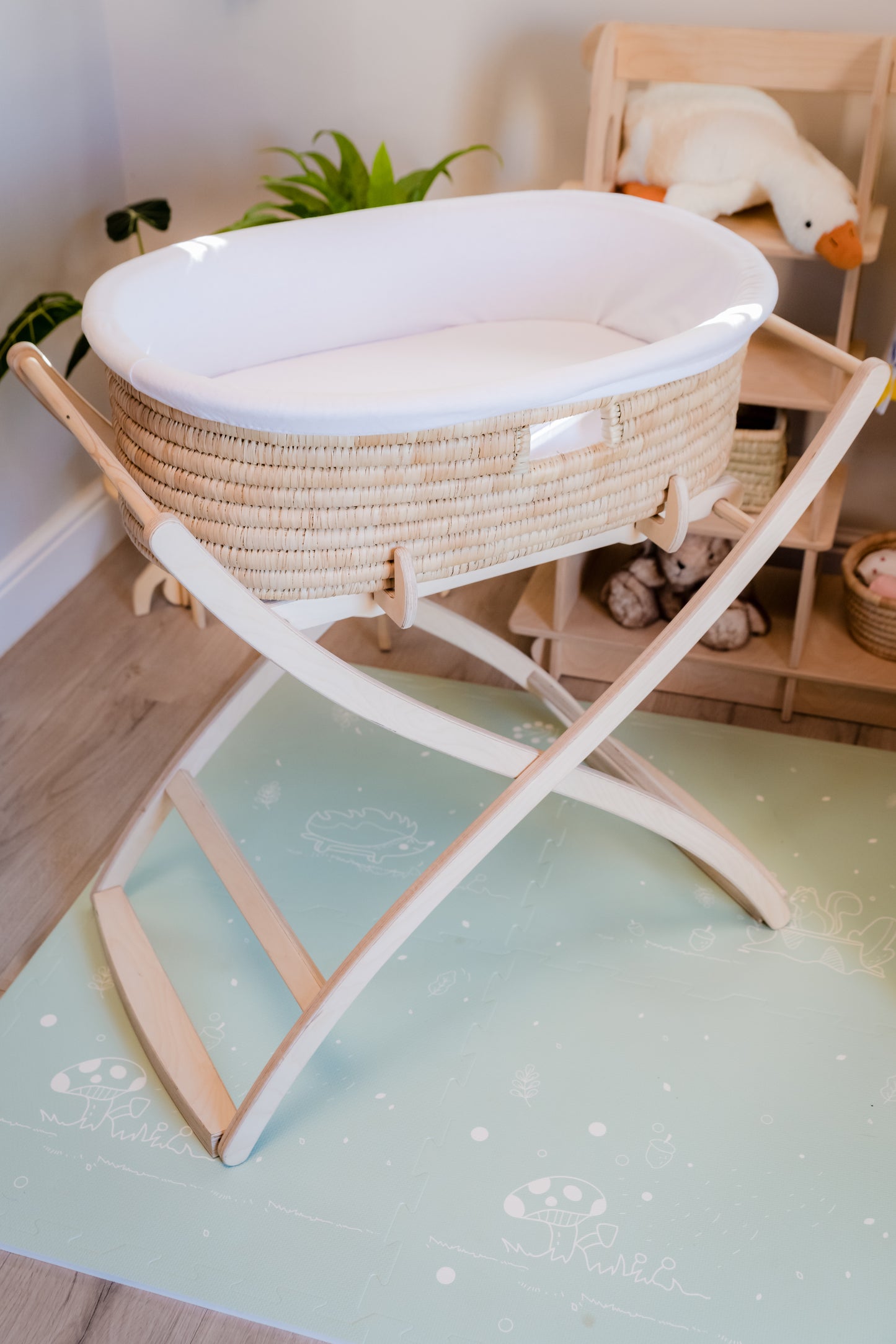 Moses basket Hard wood Stand with adjustable height and adjustable rocking motion.