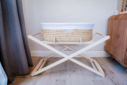 Moses basket Hard wood Stand with adjustable height and adjustable rocking motion.